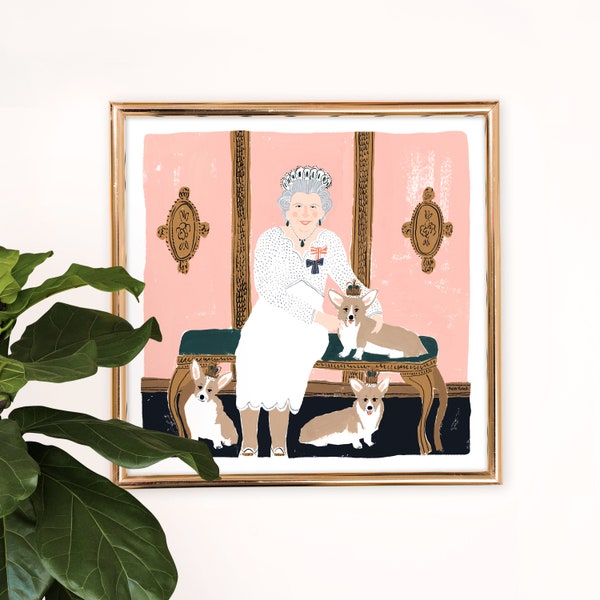 Queen Elizabeth II Art Print | Monarchy Wall Decor | Corgi Dogs | British Royalty Painting | England | Gallery Wall | Gouache Illustration
