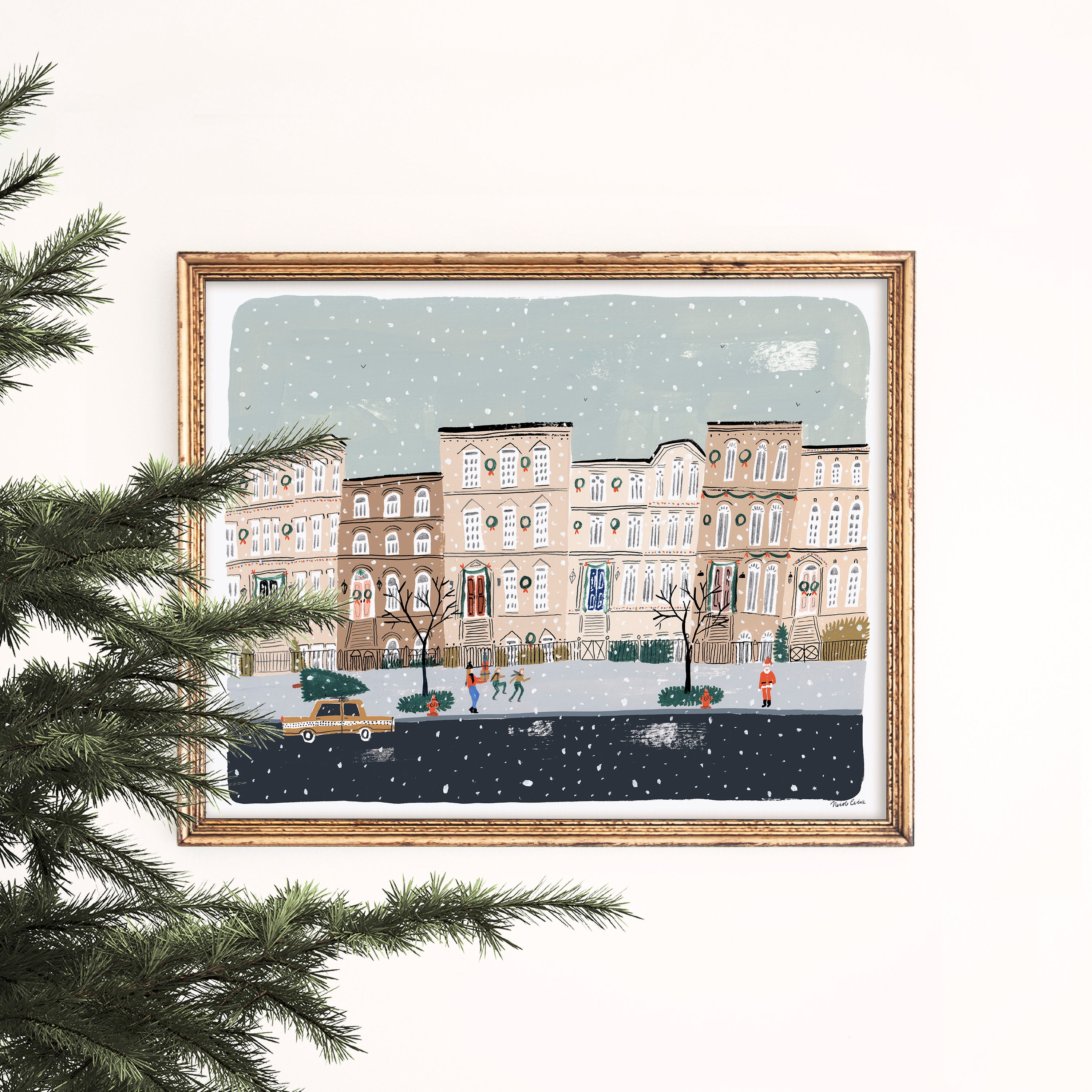 Brownstone Christmas Art Print | Brooklyn NY Art | New York Skyline | NYC Wall Art | NYC Watercolor | Gallery Wall Set | Giclee