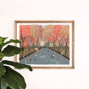 Lámina artística de hojas de otoño en Central Park / Arte de paseo marítimo / Horizonte de Nueva York / Arte mural de Nueva York / Acuarela de Nueva York / Conjunto de pared de galería / Arte gouache