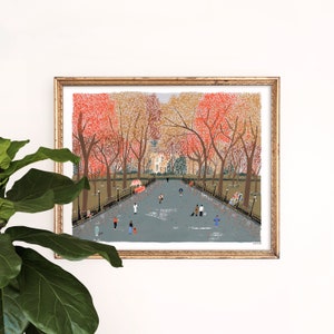 Autumn Leaves in Central Park Art Print | Promenade Art | New York Skyline | NYC Wall Art | NYC Watercolor | Gallery Wall Set | Gouache Art