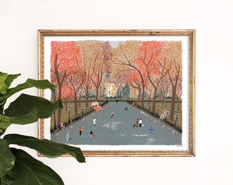 Autumn Leaves in Central Park Art Print | Promenade Art | New York Skyline | NYC Wall Art | NYC Watercolor | Gallery Wall Set | Gouache Art