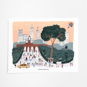 May include: A colorful illustration of Central Park Zoo in New York City. The illustration features a brick archway, a large tree, and many people walking around. There are buildings in the background and a yellow taxi in the foreground. The text "Central Park Zoo" is at the bottom of the illustration.