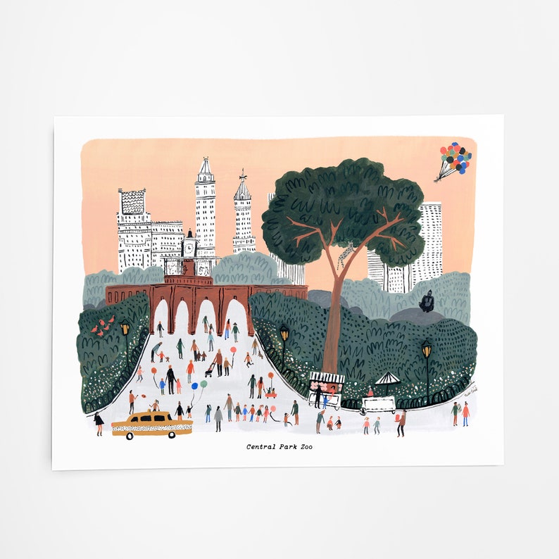 May include: A colorful illustration of Central Park Zoo in New York City. The illustration features a brick archway, a large tree, and many people walking around. There are buildings in the background and a yellow taxi in the foreground. The text "Central Park Zoo" is at the bottom of the illustration.