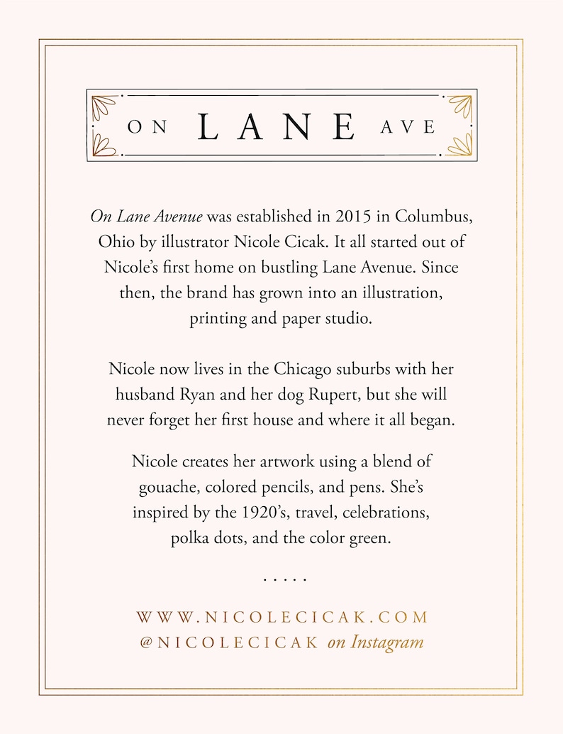 May include: A graphic design illustration of a street sign that reads "ON LANE AVE". The text below the sign describes the history of the brand, On Lane Avenue, and the artist's inspiration for her artwork.