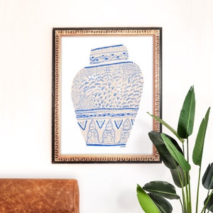 Ginger Jar Art Print | Blue and White Painting | Ceramic Wall Art | Home Decor | Giclee Poster | Gallery Wall Set | Gouache Illustration