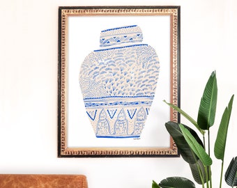 Ginger Jar Art Print | Blue and White Painting | Ceramic Wall Art | Home Decor | Giclee Poster | Gallery Wall Set | Gouache Illustration