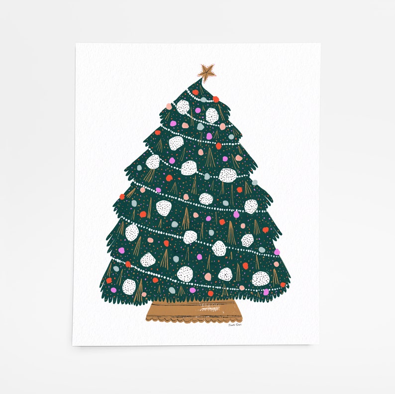 May include: A green Christmas tree decorated with white, pink, and orange ornaments, a gold star on top, and a string of white lights.