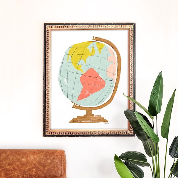 Globe Art Print | World Map Painting | Travel Wall Art | Vintage Home Decor | Office Study Gift | Gallery Wall Set | Gouache Illustration