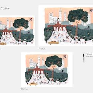 May include: A colorful illustration of Central Park in New York City with a large tree in the center, a red brick archway, and people walking around. The illustration is available in three sizes: 18x24 inches, 20x30 inches, and 24x36 inches.