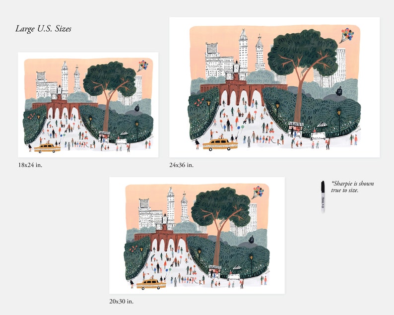May include: A colorful illustration of Central Park in New York City with a large tree in the center, a red brick archway, and people walking around. The illustration is available in three sizes: 18x24 inches, 20x30 inches, and 24x36 inches.