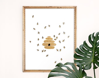 Buzzing Beehive Art Print | Cute Wall Hanging | Nature Home Decor | Giclee Nursery Wall Art | Drawing | Pen Illustration | Gallery Wall Set