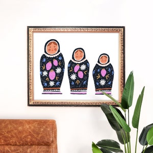 Nesting Dolls Art Print | Black Pink Nursery Painting | Matryoshka Doll Wall Art | Giclee Poster | Gallery Wall Set | Gouache Illustration
