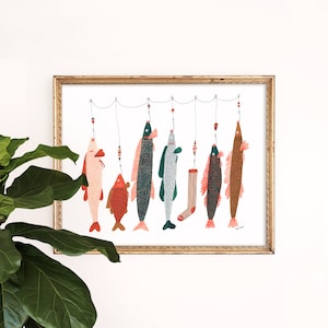 Fish on a Line Art Print | Fisherman Art | Lake House Decor | Koi Fish | Gallery Wall Set | Children's Nursery Wall Art