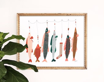 Fish on a Line Art Print | Fisherman Art | Lake House Decor | Koi Fish | Gallery Wall Set | Children's Nursery Wall Art