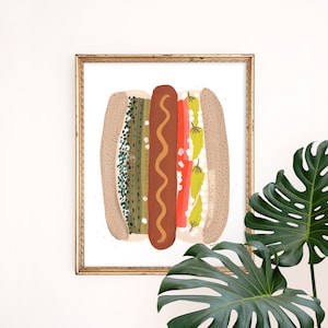 Chicago Style Hot Dog Art Print | Foodie Wall Hanging | Windy City Home Decor | Children's Nursery Wall Art | Gouache Illustration | Giclee