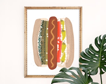 Chicago Style Hot Dog Art Print | Foodie Wall Hanging | Windy City Home Decor | Children's Nursery Wall Art | Gouache Illustration | Giclee