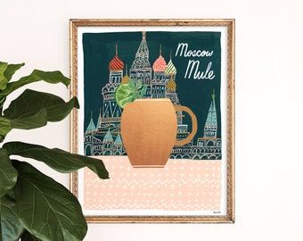 Moscow Mule Art Print | Alcohol Wall Decor | Mixology Wall Art | Russian Cocktail Watercolor | Gallery Wall Hanging Set | Gouache Painting