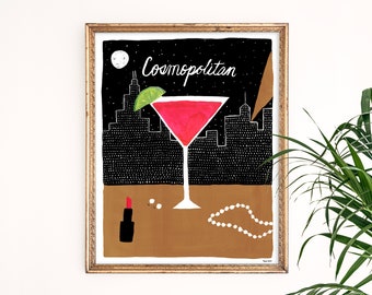 Cosmopolitan Art Print | Alcohol Wall Decor | Mixology Wall Art | NYC Cocktail Watercolor | Gallery Wall Hanging Set | Gouache Painting