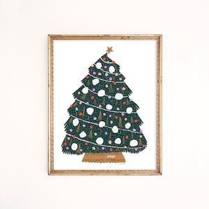 May include: A green Christmas tree with white, pink, and orange ornaments, a gold star on top, and a gold string of lights. The tree is on a brown stand with a white background.
