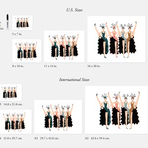 May include: A digital illustration of five women in black dresses with colorful accents, dancing with their legs raised. The image shows different sizes for printing, with measurements in inches and centimeters.