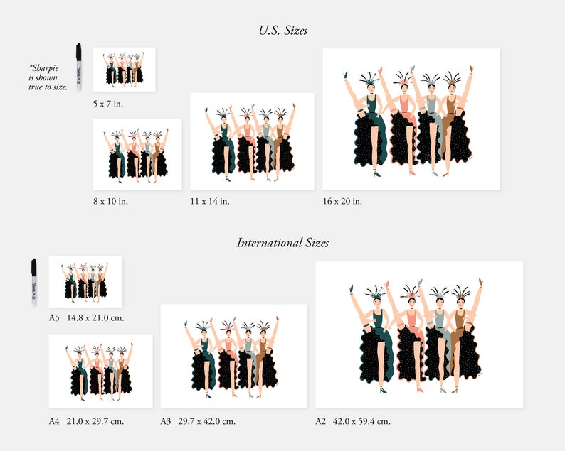 May include: A digital illustration of five women in black dresses with colorful accents, dancing with their legs raised. The image shows different sizes for printing, with measurements in inches and centimeters.