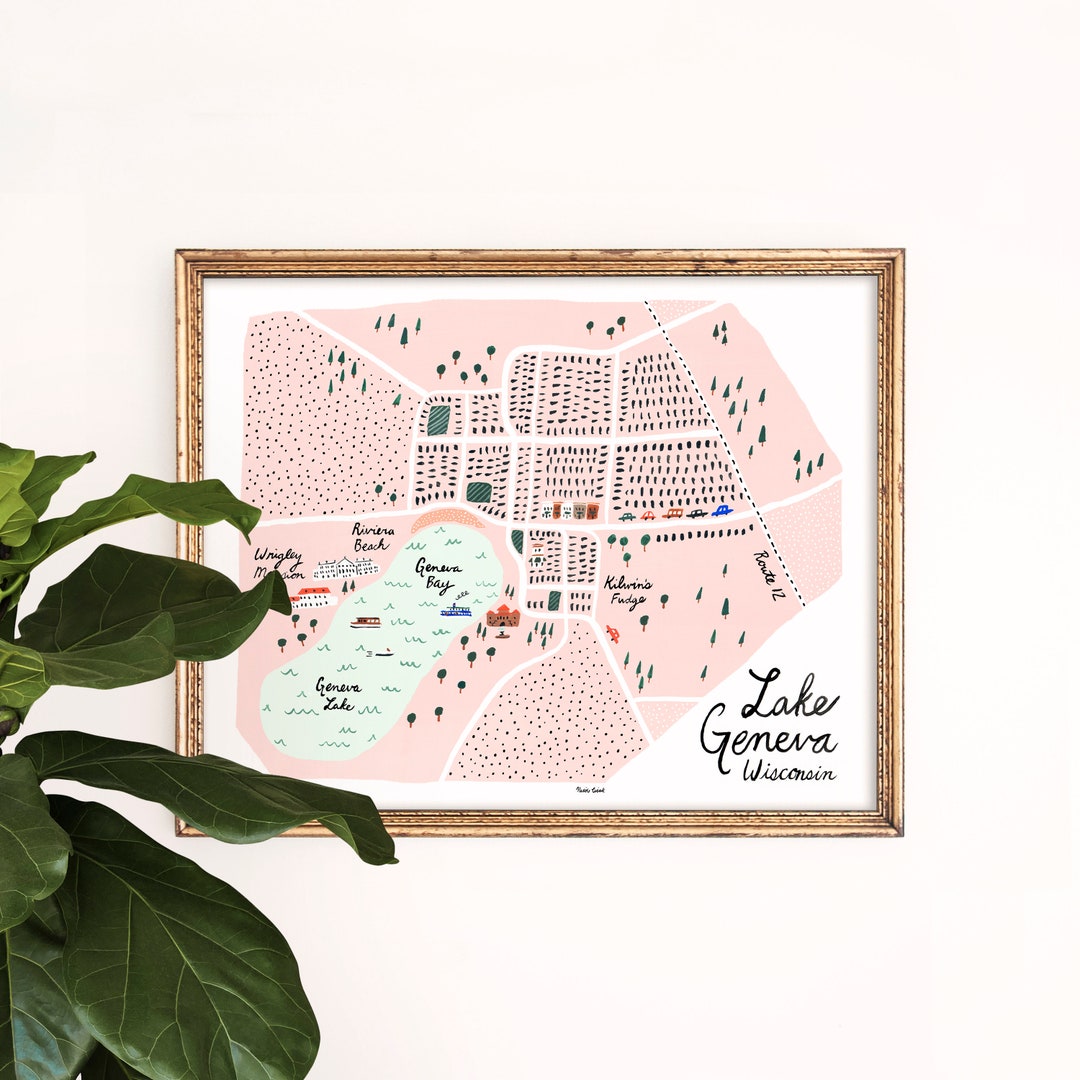 Lake Geneva Map Art Print | Wisconsin Wall Art | Giclee Wall Hanging ...