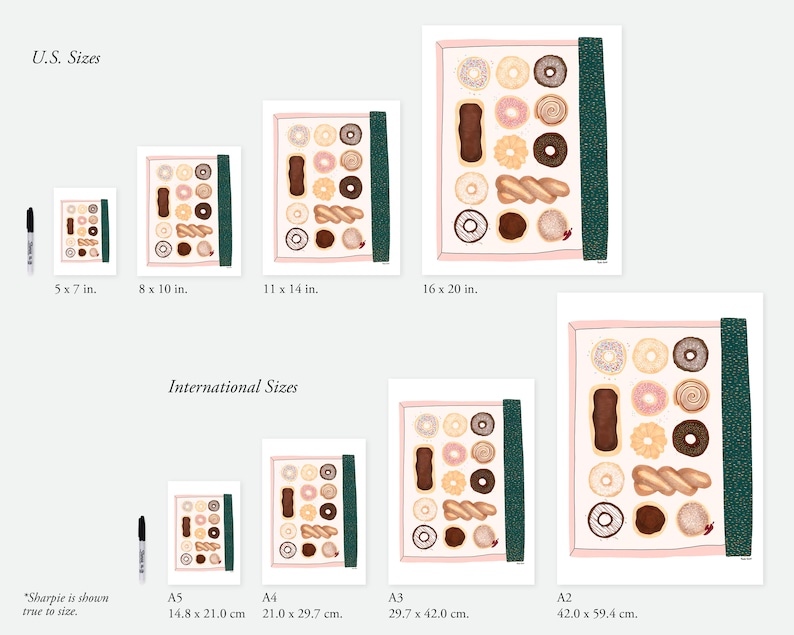 May include: A printable art print featuring a colorful illustration of a box of assorted donuts and pastries. The print is available in various sizes, including 5x7 inches, 8x10 inches, 11x14 inches, 16x20 inches, A5 (14.8 x 21.0 cm), A4 (21.0 x 29.7 cm), A3 (29.7 x 42.0 cm), and A2 (42.0 x 59.4 cm).