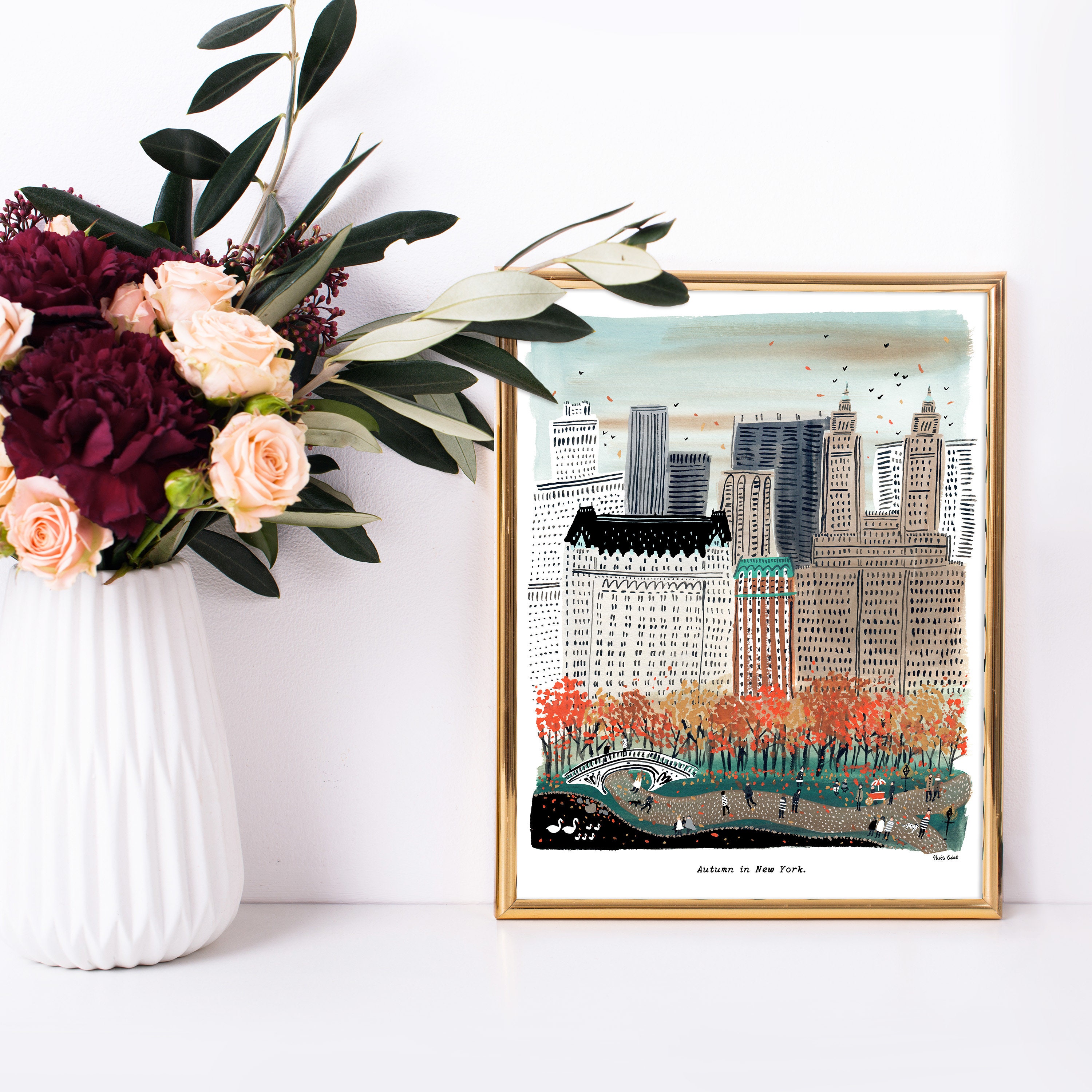 Discover Autumn in New York City Art Print | Central Park Art | New York Skyline | NYC Wall Art | NYC Watercolor | Gallery Wall Set | Gouache Art Poster