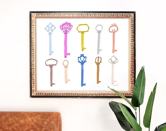 Skeleton Keys Art Print | Rainbow Painting | Unique Wall Art | Colorful Home Decor | Giclee Poster | Gallery Wall Set | Gouache Illustration