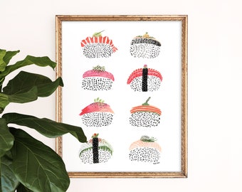 Sushi Art Print | Japanese Wall Art | Giclee Poster | Seafood Wall Hanging | Children's Home Decor | Nursery Painting | Gouache Illustration