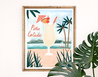 Pina Colada Art Print | Alcohol Wall Decor | Mixology Wall Art | Beach Cocktail Watercolor | Gallery Wall Hanging Set | Gouache Painting