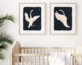 Set of 2 Swan Art Prints | Bird Home Decor | Woodland Theme Wall Art | Nursery Posters | Gallery Wall Set | Gouache Illustration