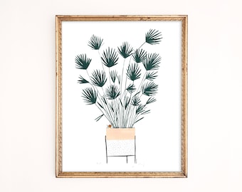 Potted Fan Palm Art Print | Botanical Poster | Tropical Home Decor | Snail Wall Hanging | Gallery Wall Set | Nursery | Gouache Illustration