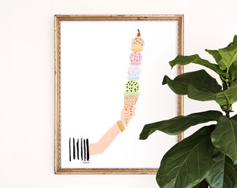 All the Ice Cream | Minimalist Art Print | Foodie Wall Art | Home Decor | Poster | Colored Pencil Illustration | Children's Nursery Wall Art