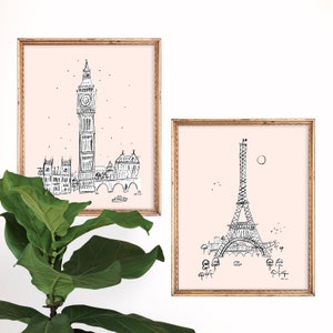 Set of 2 Blush Travel Art Prints | Big Ben | La Sagrada Familia | Eiffel Tower | Blush Paintings Gallery Wall Set | Gouache Illustrations