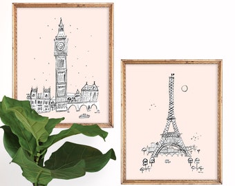 Set of 2 Blush Travel Art Prints | Big Ben | La Sagrada Familia | Eiffel Tower | Blush Paintings Gallery Wall Set | Gouache Illustrations