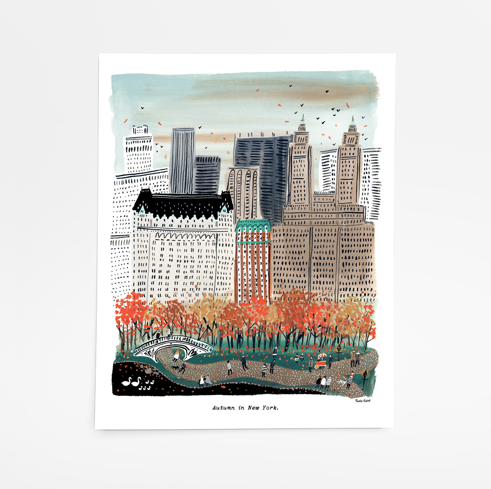 Discover Autumn in New York City Art Print | Central Park Art | New York Skyline | NYC Wall Art | NYC Watercolor | Gallery Wall Set | Gouache Art Poster