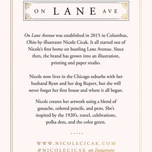 May include: A graphic design illustration of the text "ON LANE AVE" in a decorative font. The text is surrounded by a decorative border. The text is on a pink background. The text is followed by a description of the history of the brand, On Lane Avenue, and the artist's creative process.