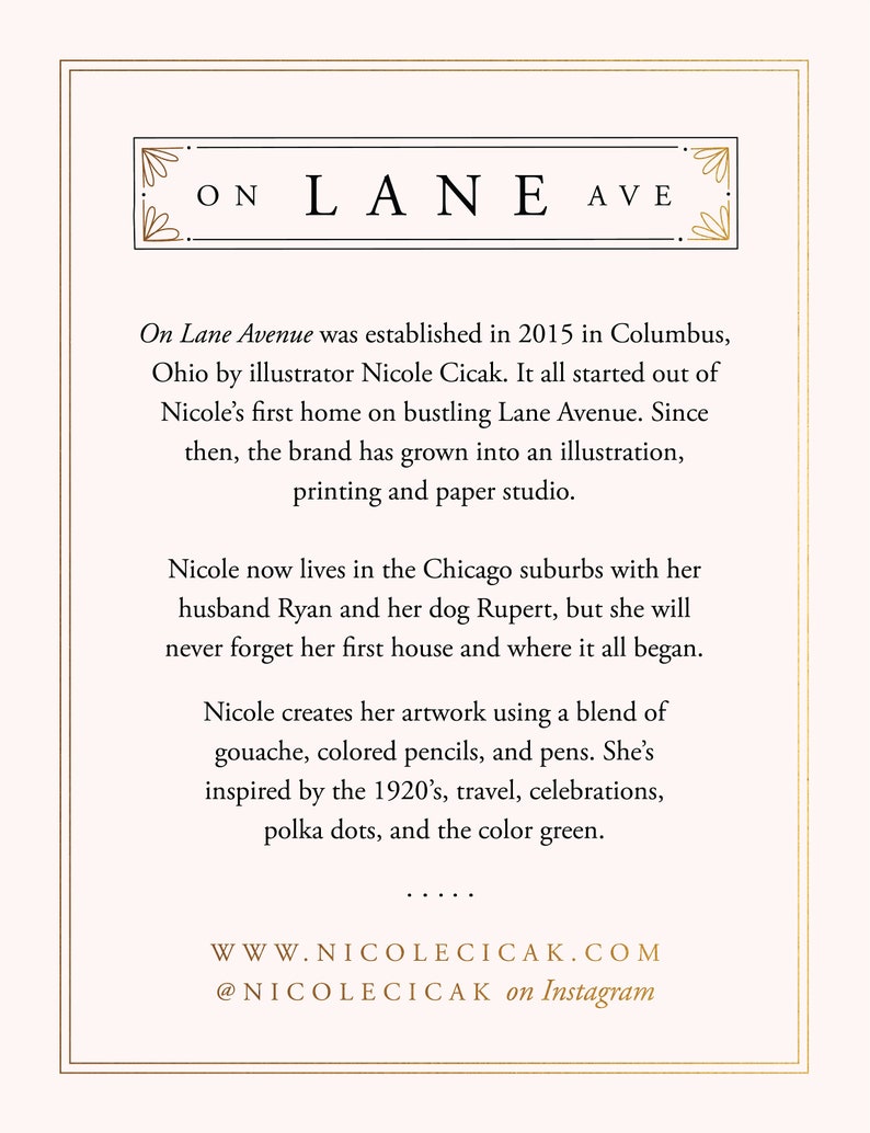 May include: A graphic design illustration of the text "ON LANE AVE" in a decorative font. The text is surrounded by a decorative border. The text is on a pink background. The text is followed by a description of the history of the brand, On Lane Avenue, and the artist's creative process.