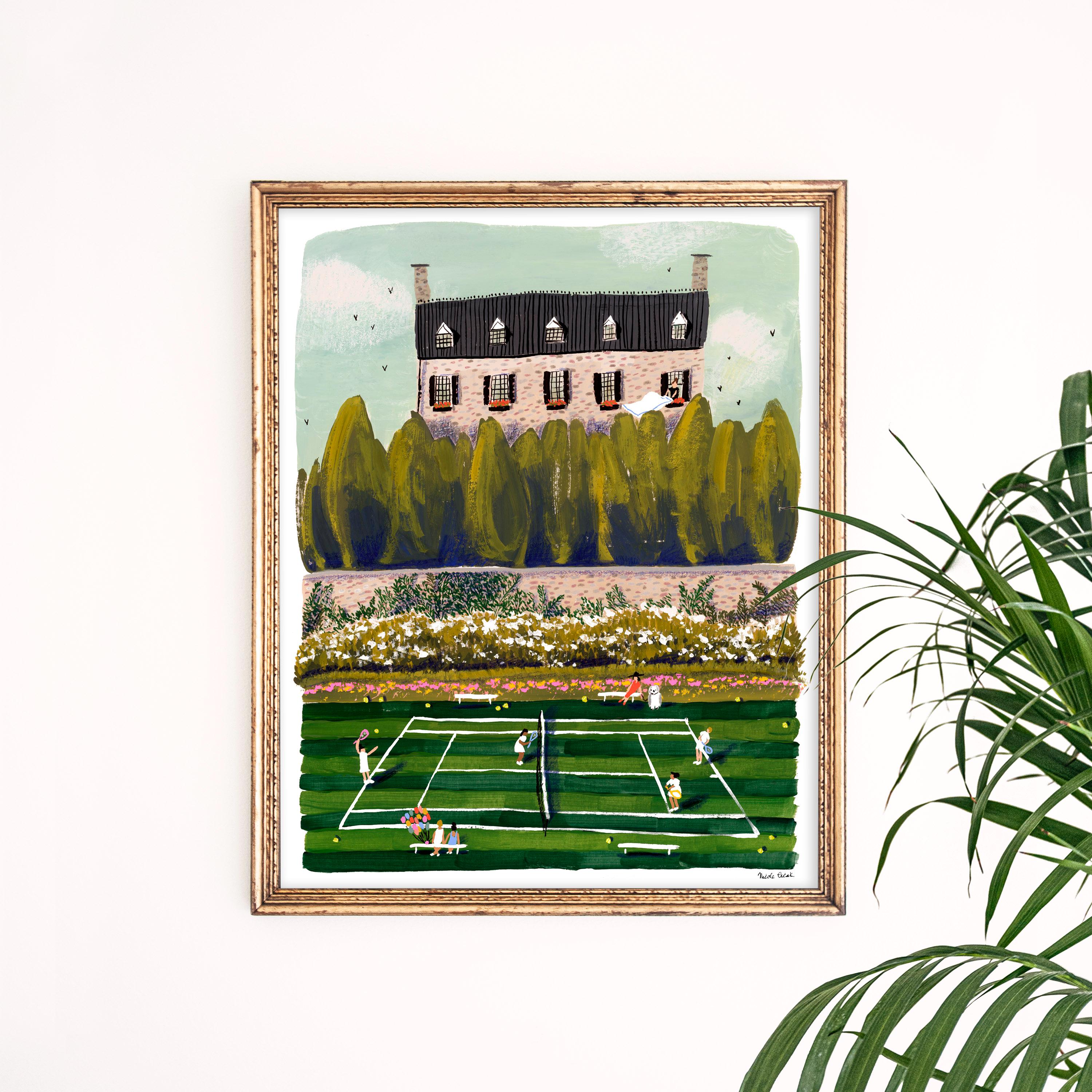 Summer Love Art Print | Tennis Court Wall Art | Country Estate Watercolor | Sunny Poster | Giclee | Gouache Painting | Gallery Wall Artwork