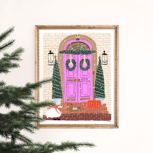 Pink Holiday Front Door Art Print | Brownstone NY Art | Christmas Tree Decor | Garland Wall Art | NYC Watercolor | Gallery Wall Set | Giclee