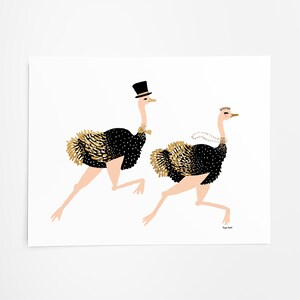 May include: Two black and gold ostriches with pink legs are running. The ostrich on the left is wearing a black top hat and bow tie. The ostrich on the right is wearing a gold crown and a pearl necklace.