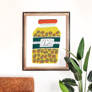 Olive Jar Art Print | Kitchen Painting | Martini Wall Art | Relish Home Decor | Giclee Poster | Gallery Wall Set | Gouache Illustration
