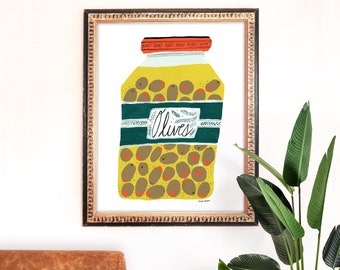 Olive Jar Art Print | Kitchen Painting | Martini Wall Art | Relish Home Decor | Giclee Poster | Gallery Wall Set | Gouache Illustration