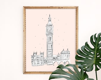 Big Ben Art Print | London Wall Art | Architecture Wall Decor | UK Giclee Poster | England Watercolor | Gallery Wall Set | Gouache Painting