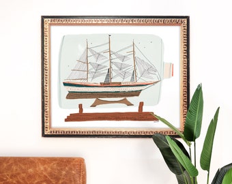 Ship in a Bottle Art Print | Nautical Painting | Cottage Wall Art | Home Decor | Giclee Poster | Gallery Wall Set | Gouache Illustration