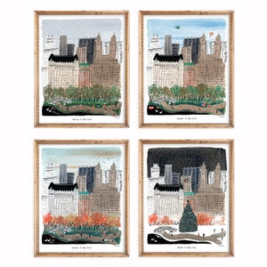 Set of 4 New York City Art Prints | Central Park Four Seasons | New York Skyline | NYC Wall Art | Seasonal | Gallery Wall Set | Gouache Art