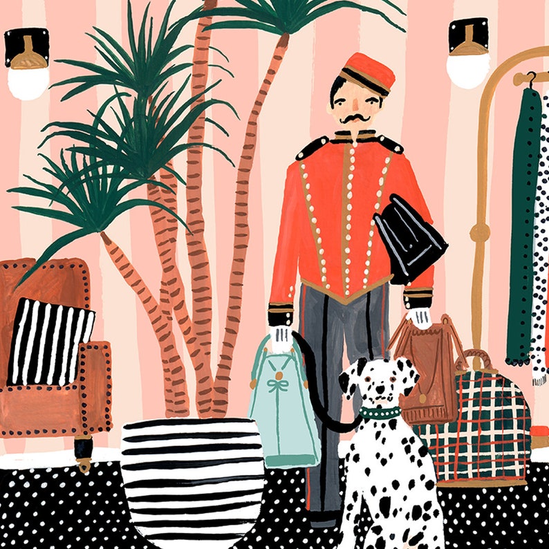 Bellhop & Dalmatian Print Historic Hotel Vintage Travel Giclee Poster NYC Wall Art NYC Watercolor Gallery Wall Set Gouache Art image 2