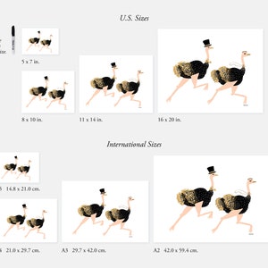 May include: A printable art print featuring a pair of black and gold ostriches running, one wearing a top hat. The print is available in various sizes, including 5x7 inches, 8x10 inches, 11x14 inches, 16x20 inches, A5 (14.8 x 21.0 cm), A4 (21.0 x 29.7 cm), A3 (29.7 x 42.0 cm), and A2 (42.0 x 59.4 cm).