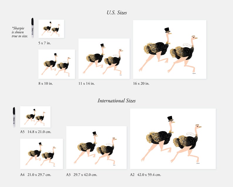 May include: A printable art print featuring a pair of black and gold ostriches running, one wearing a top hat. The print is available in various sizes, including 5x7 inches, 8x10 inches, 11x14 inches, 16x20 inches, A5 (14.8 x 21.0 cm), A4 (21.0 x 29.7 cm), A3 (29.7 x 42.0 cm), and A2 (42.0 x 59.4 cm).